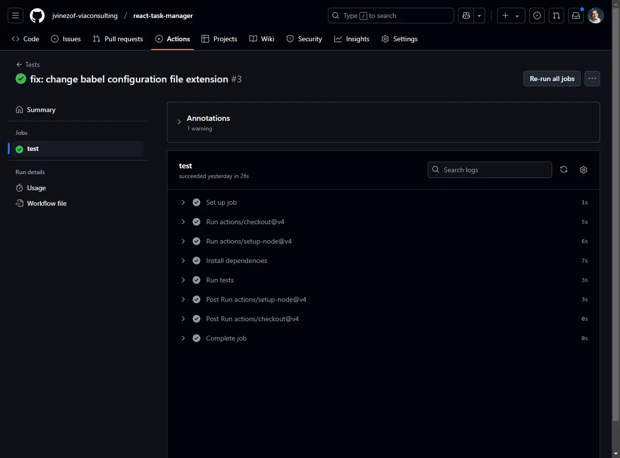 GitHub Actions CI/CD pipeline showing successful test runs