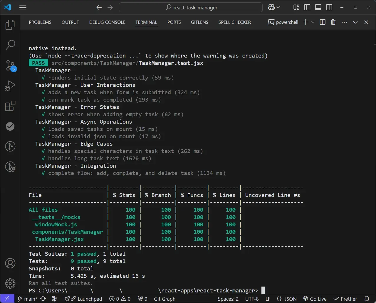 Jest showing successful test results